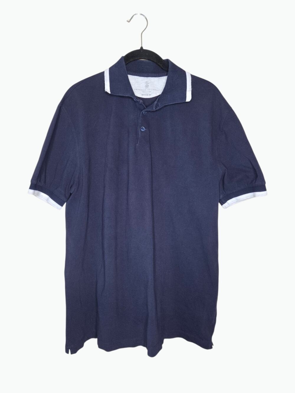 Bruno Cucinelli Navy Blue Cotton Polo Shirt Gray White Trim Men's Large